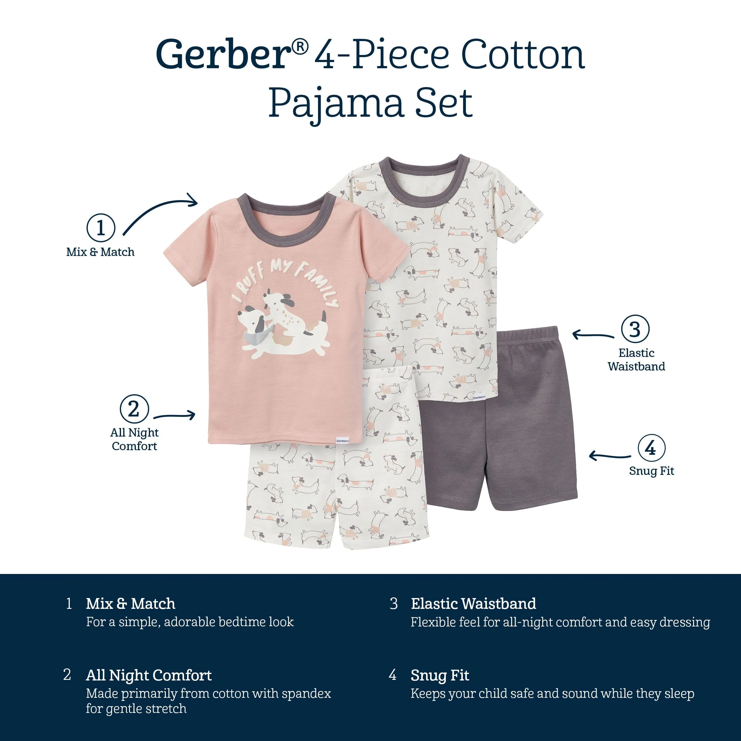 4-Piece Infant & Toddler Neutral Dog Top and Shorts Pajama Set