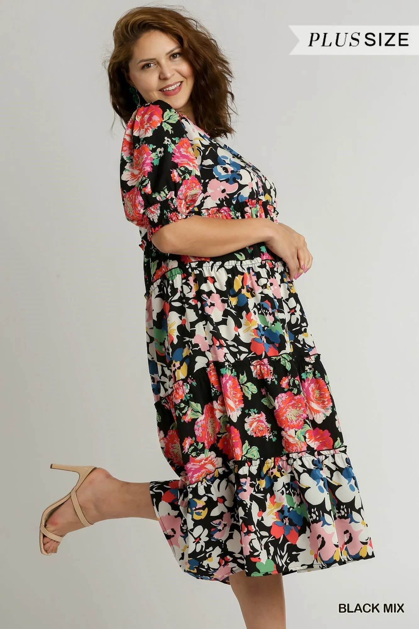 Black Floral Mix Midi Dress