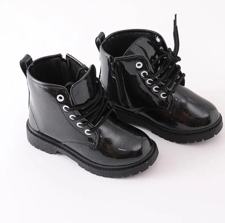 Black Glitter Lace-Up Combat Boots