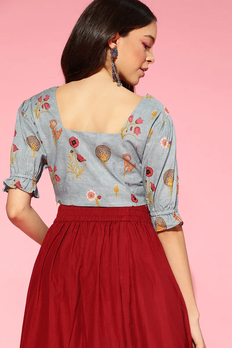 Blue Cotton Floral Printed Pleated Crop Top