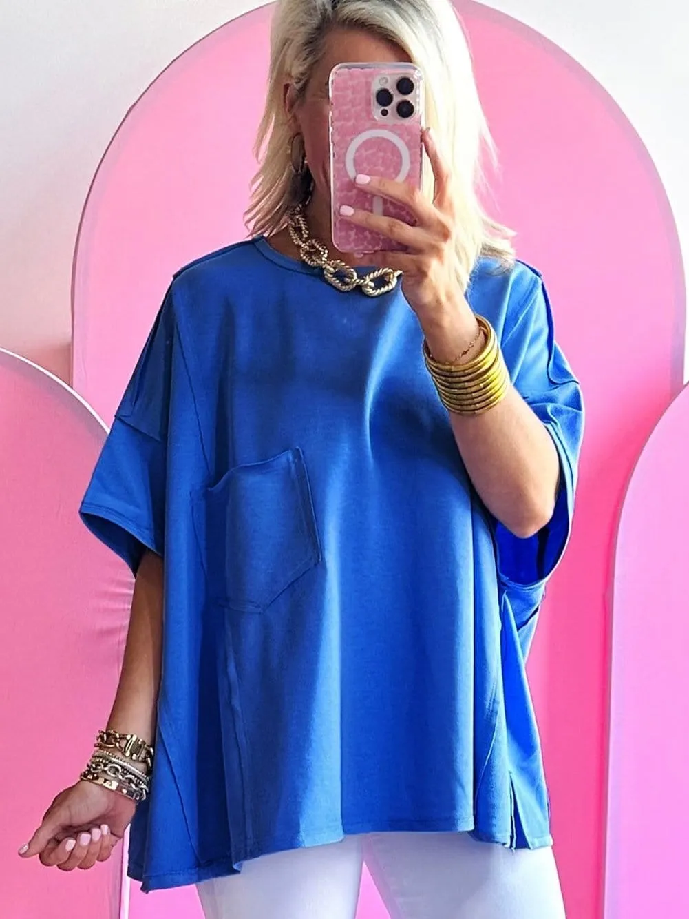 Blue Oversized T-shirt with Exposed Seams and Patched Pocket