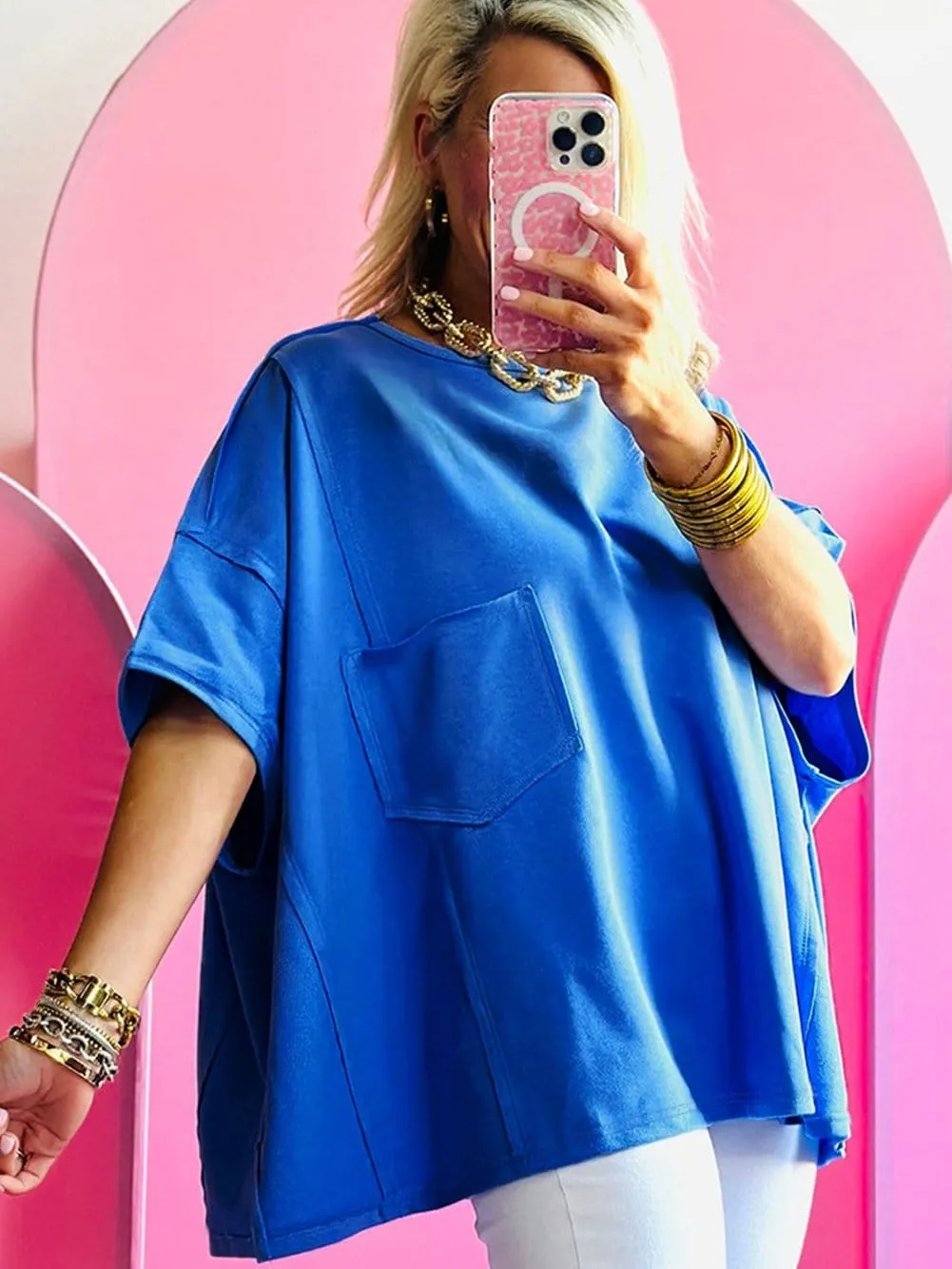 Blue Oversized T-shirt with Exposed Seams and Patched Pocket