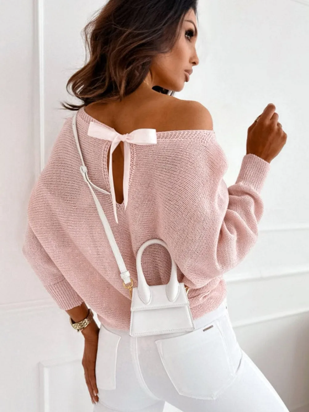 Blush Pink Knotted Bow Batwing Sweater