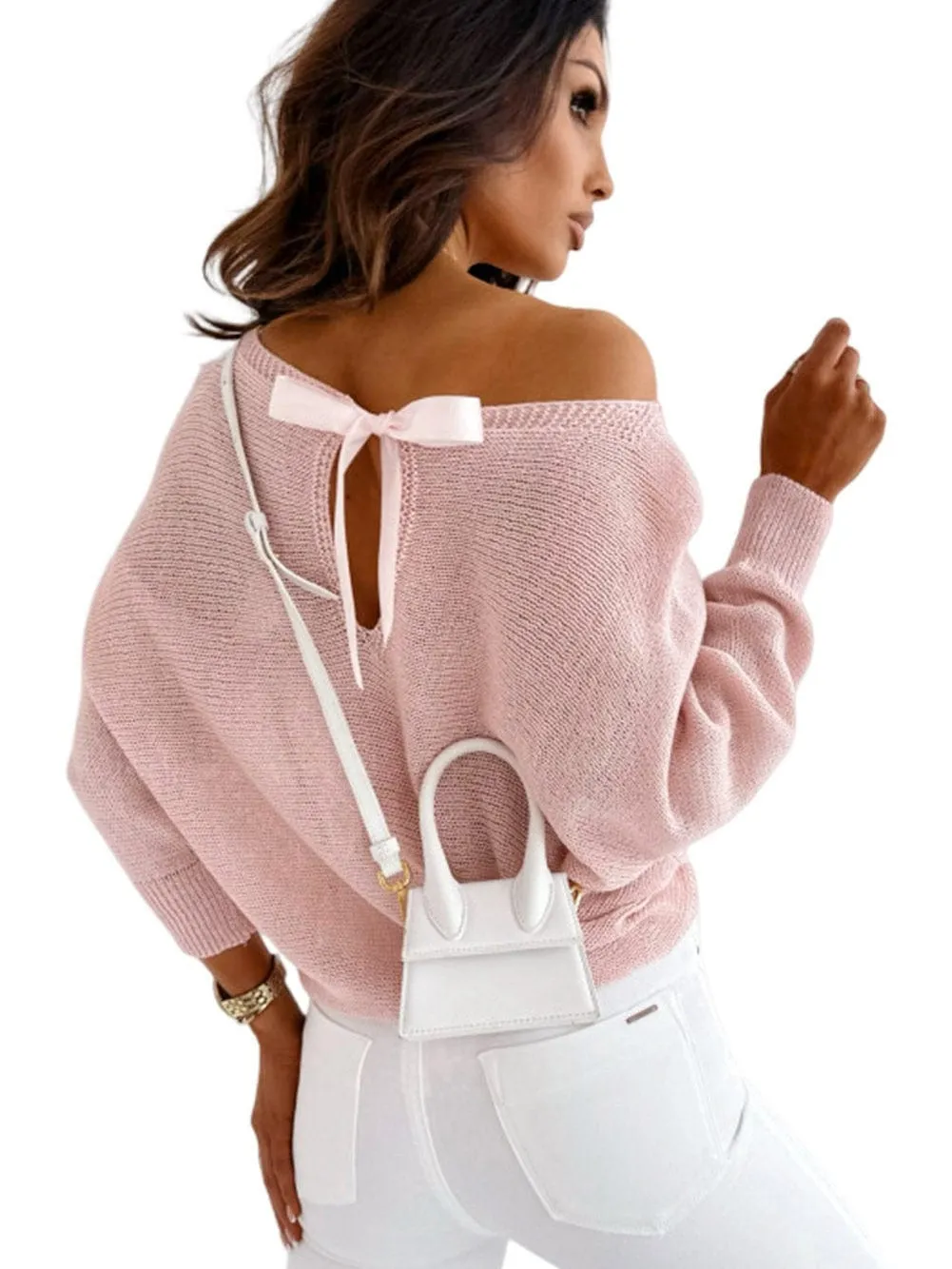 Blush Pink Knotted Bow Batwing Sweater