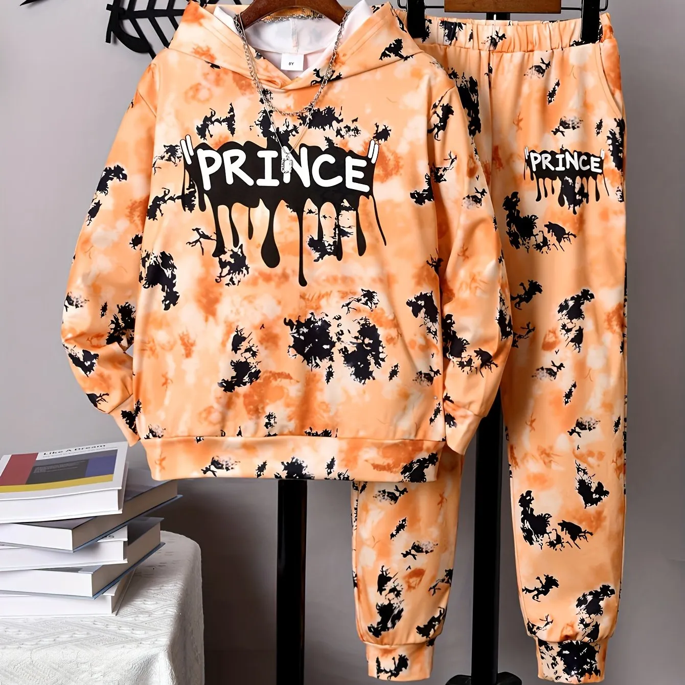 Boy's Tie Dye Outfit 2pcs, PRINCE Print Hoodie & Sweatpants Set, Street Style Kid's Clothes For Spring Fall Daily & Outdoor Wear