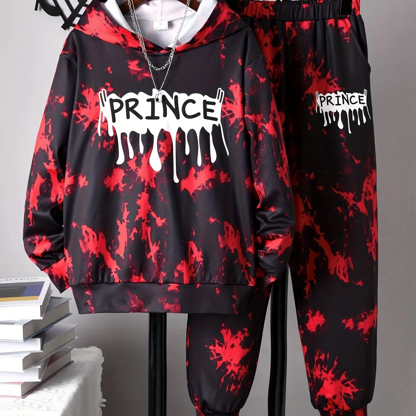 Boy's Tie Dye Outfit 2pcs, PRINCE Print Hoodie & Sweatpants Set, Street Style Kid's Clothes For Spring Fall Daily & Outdoor Wear