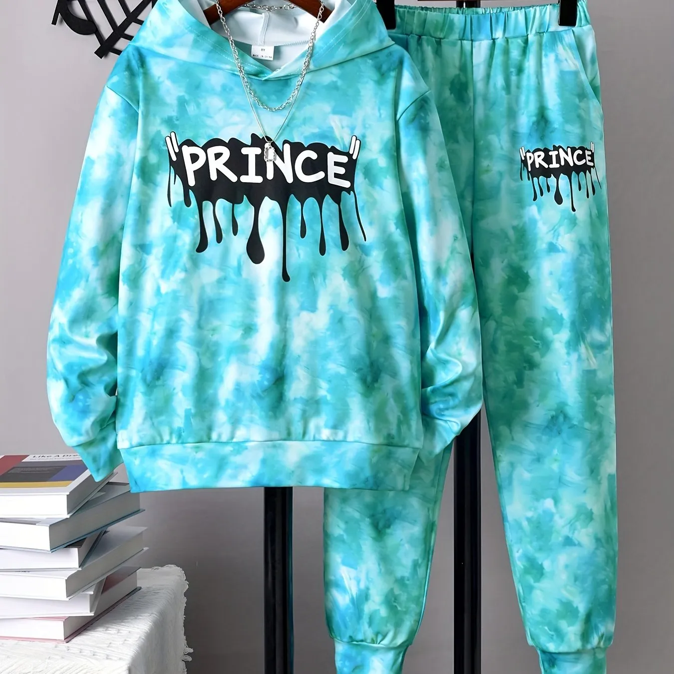 Boy's Tie Dye Outfit 2pcs, PRINCE Print Hoodie & Sweatpants Set, Street Style Kid's Clothes For Spring Fall Daily & Outdoor Wear