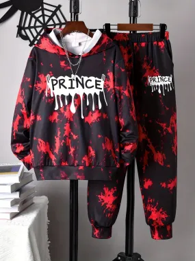 Boy's Tie Dye Outfit 2pcs, PRINCE Print Hoodie & Sweatpants Set, Street Style Kid's Clothes For Spring Fall Daily & Outdoor Wear