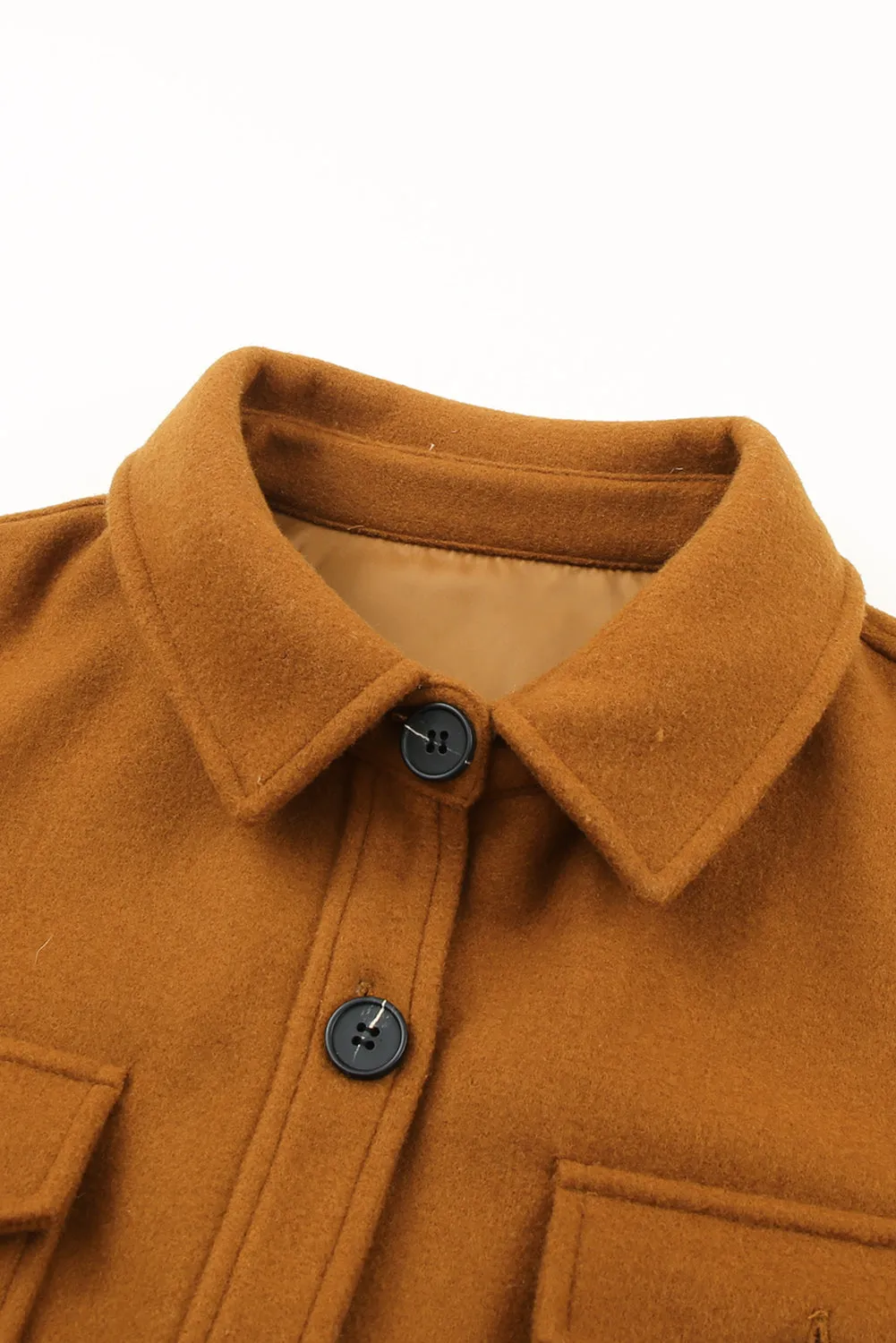 Brown Long Sleeve Pockets Buttoned Shirt Jacket