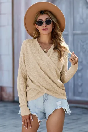 Chic Apricot Deep V-neck Long Sleeve Knit Sweater