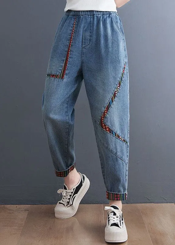 Chic Blue Pockets Patchwork Denim Harem Pants Summer LY1290