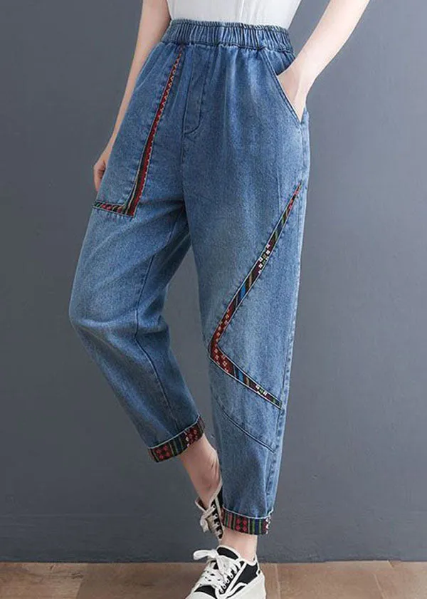 Chic Blue Pockets Patchwork Denim Harem Pants Summer LY1290