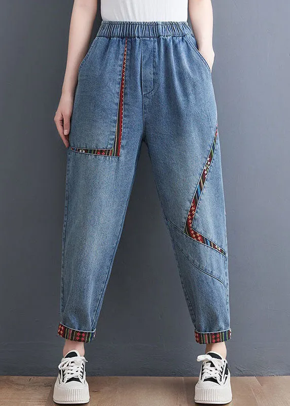 Chic Blue Pockets Patchwork Denim Harem Pants Summer LY1290