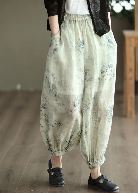 Chic Khaki Print Elastic Waist Linen Beam Pants Spring LY1501