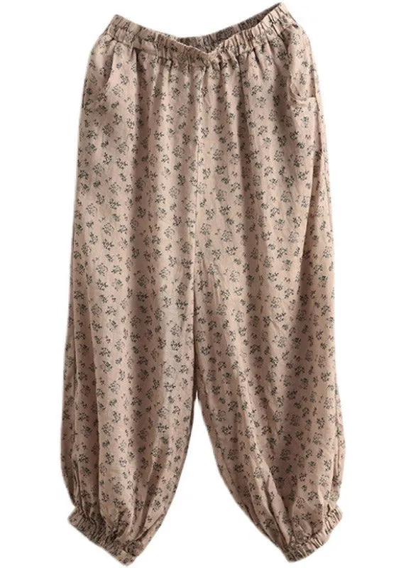 Chic Khaki Print Elastic Waist Linen Beam Pants Spring LY1501