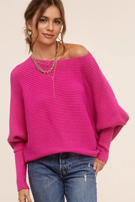 Chic Pink Dolman Sleeve Off Shoulder Mae Sweater