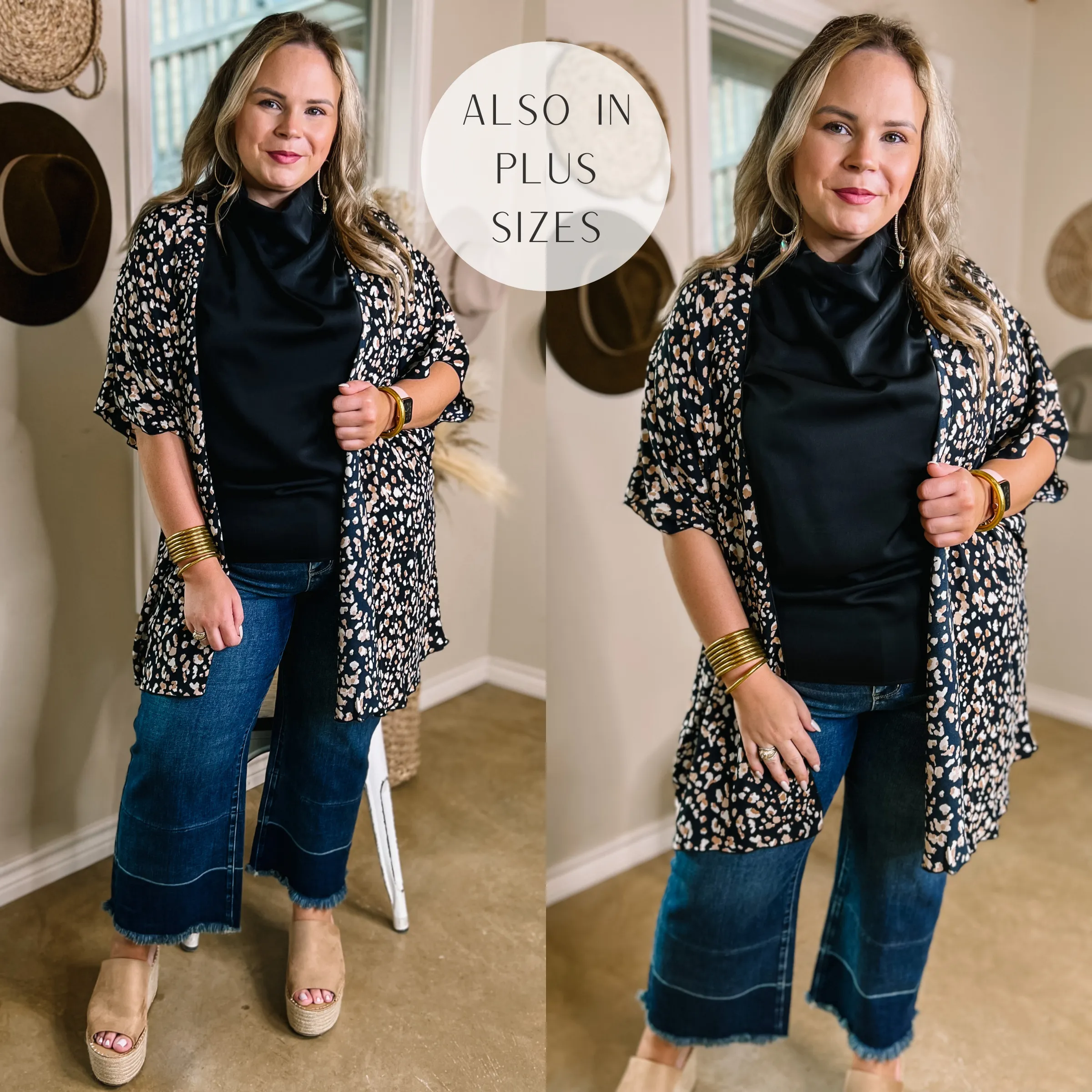 Chic State Leopard Print Kimono with Drop Sleeves in Black