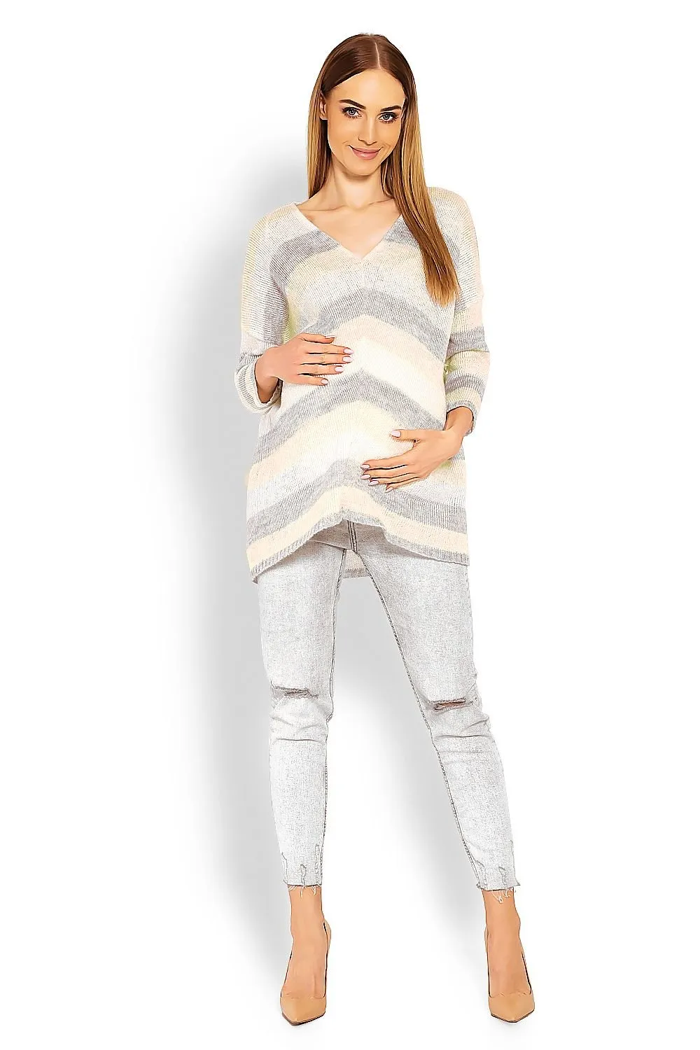 Chic Striped Maternity Sweater with Unique Neckline