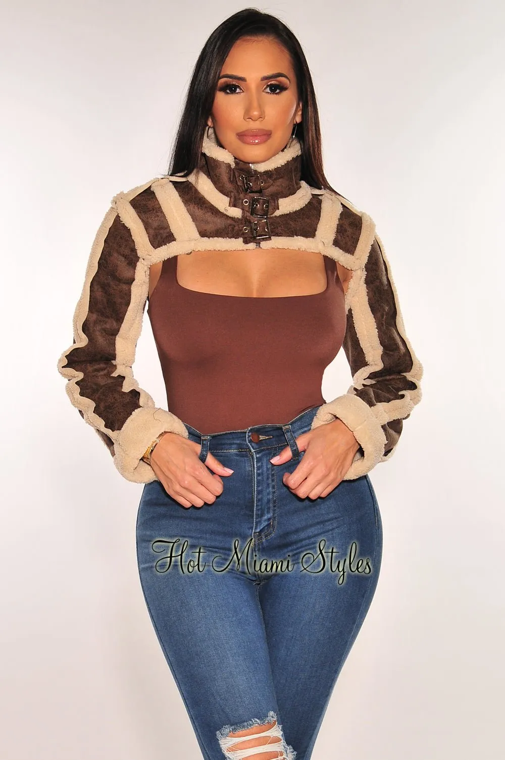 Chocolate Mocha Faux Leather Fuzzy Mock Neck Buckle Long Sleeve Shrug Jacket