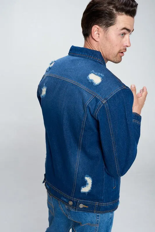 Dark Wash Denim Jacket with Distressed