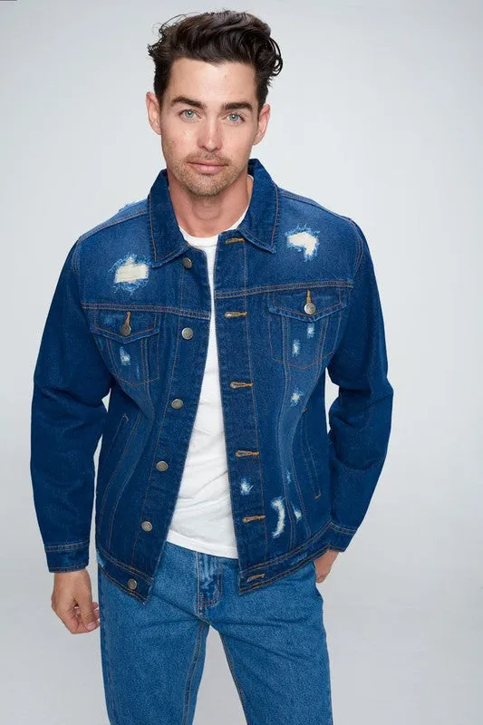 Dark Wash Denim Jacket with Distressed