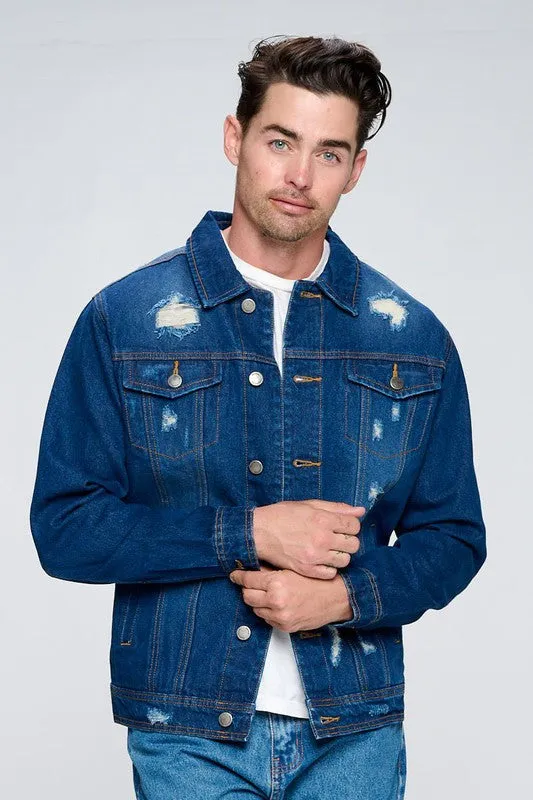 Dark Wash Denim Jacket with Distressed