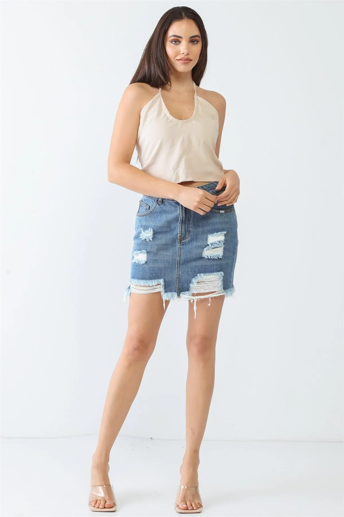 Denim Distressed Trim Hem High Waist Mini Skirt