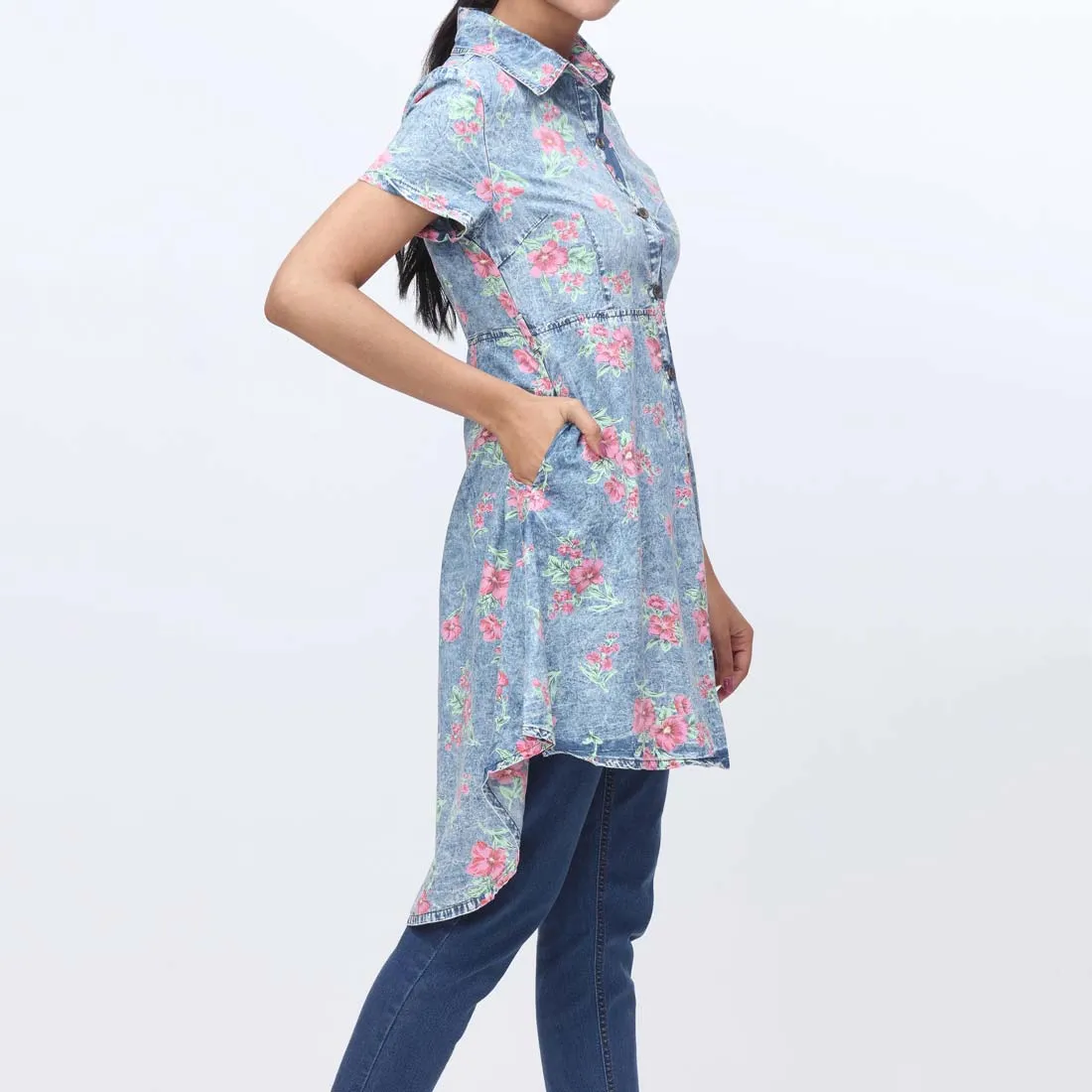 Denim Floral Button Through Shirt PW3953