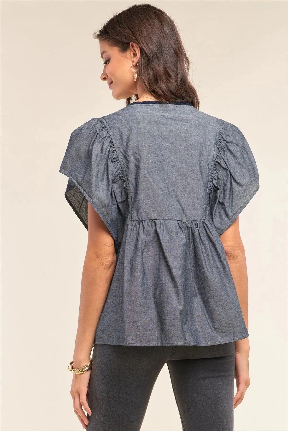 Denim Grey Angel Sleeve Flare Waistline Embroidery Detail Self-Tie Neckline Top /1-2-2-1