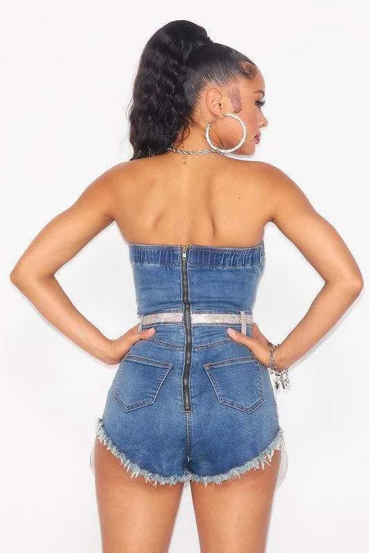 DENIM ROMPER FEATURES MINI RHINESTONES