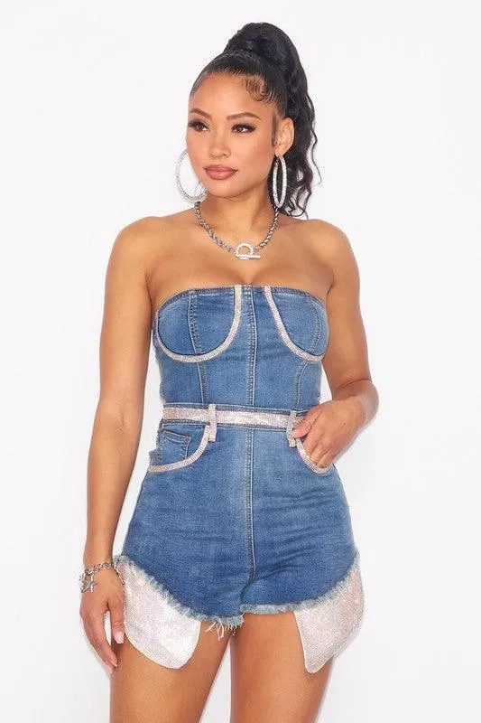 DENIM ROMPER FEATURES MINI RHINESTONES