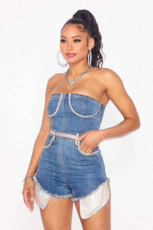 DENIM ROMPER FEATURES MINI RHINESTONES