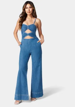 Double Ruched Front Band Palazzo Denim Jumpsuit