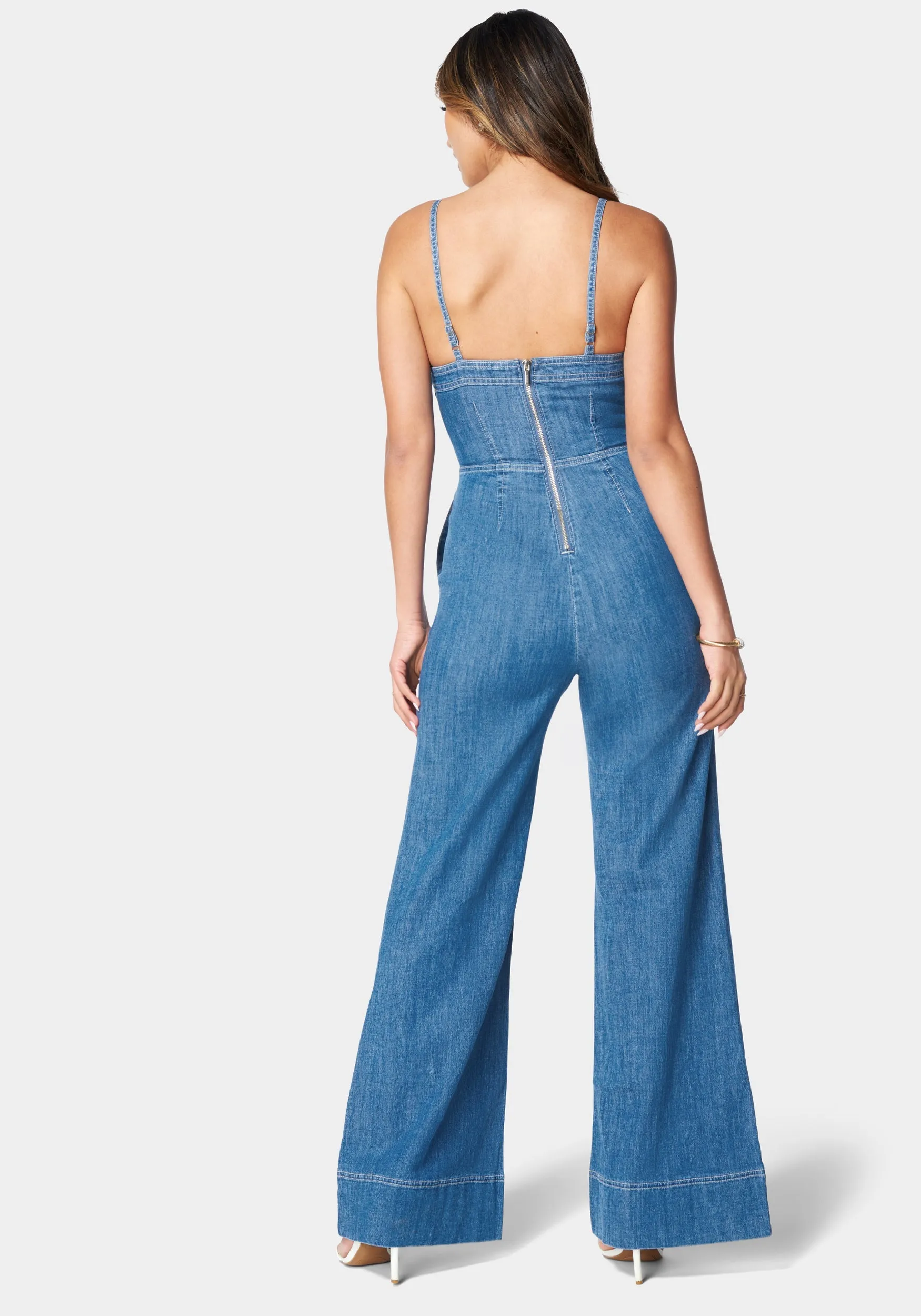 Double Ruched Front Band Palazzo Denim Jumpsuit