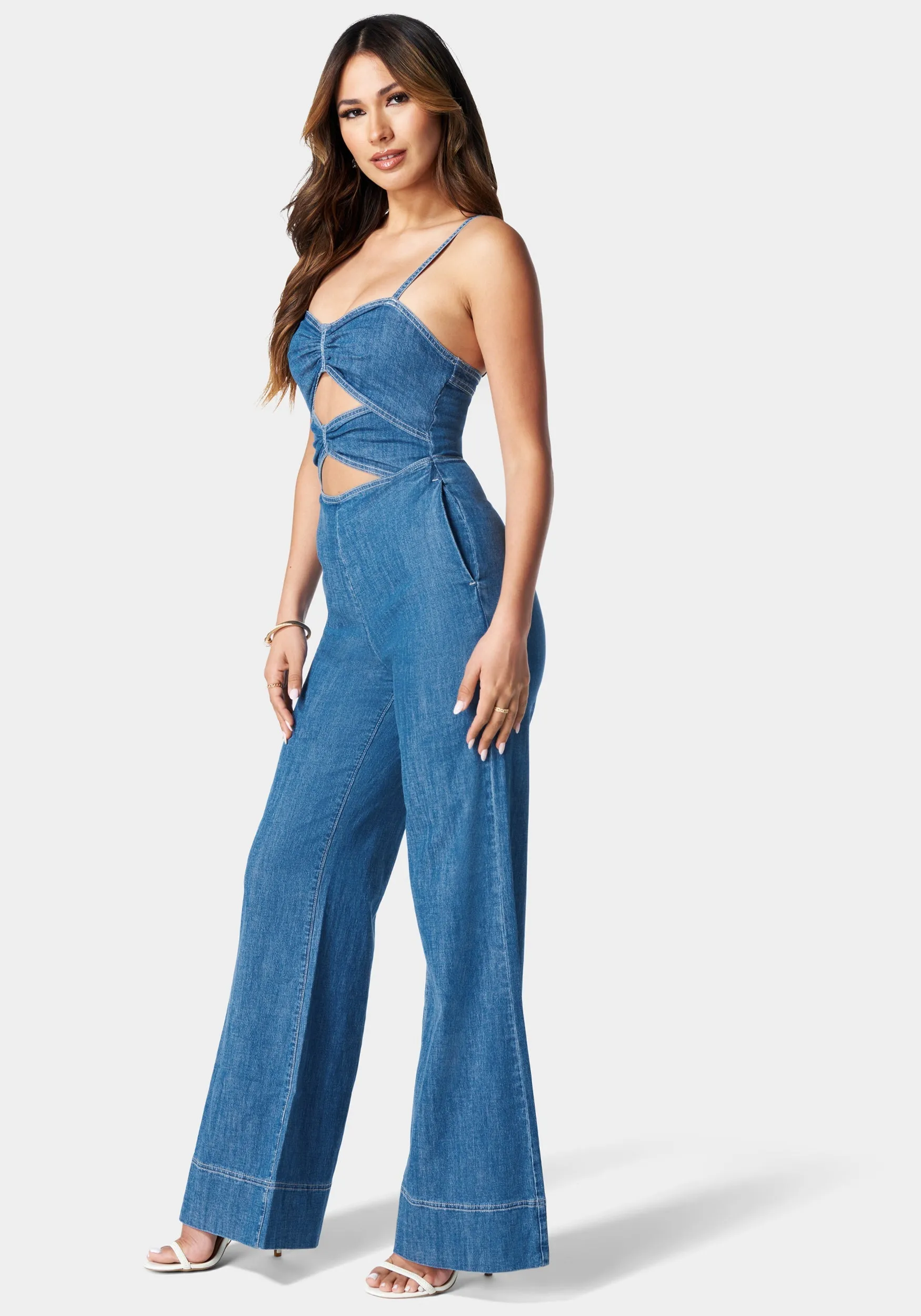 Double Ruched Front Band Palazzo Denim Jumpsuit