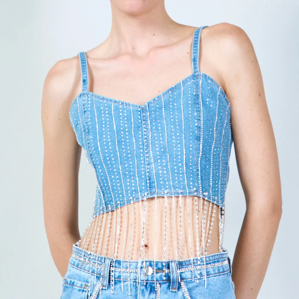 Embellished denim crop top with fringe details wholesale