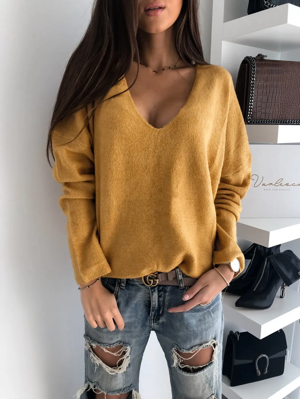 Europe Trendy Elegant Minimalist Candy Colors V-Neck Pullover