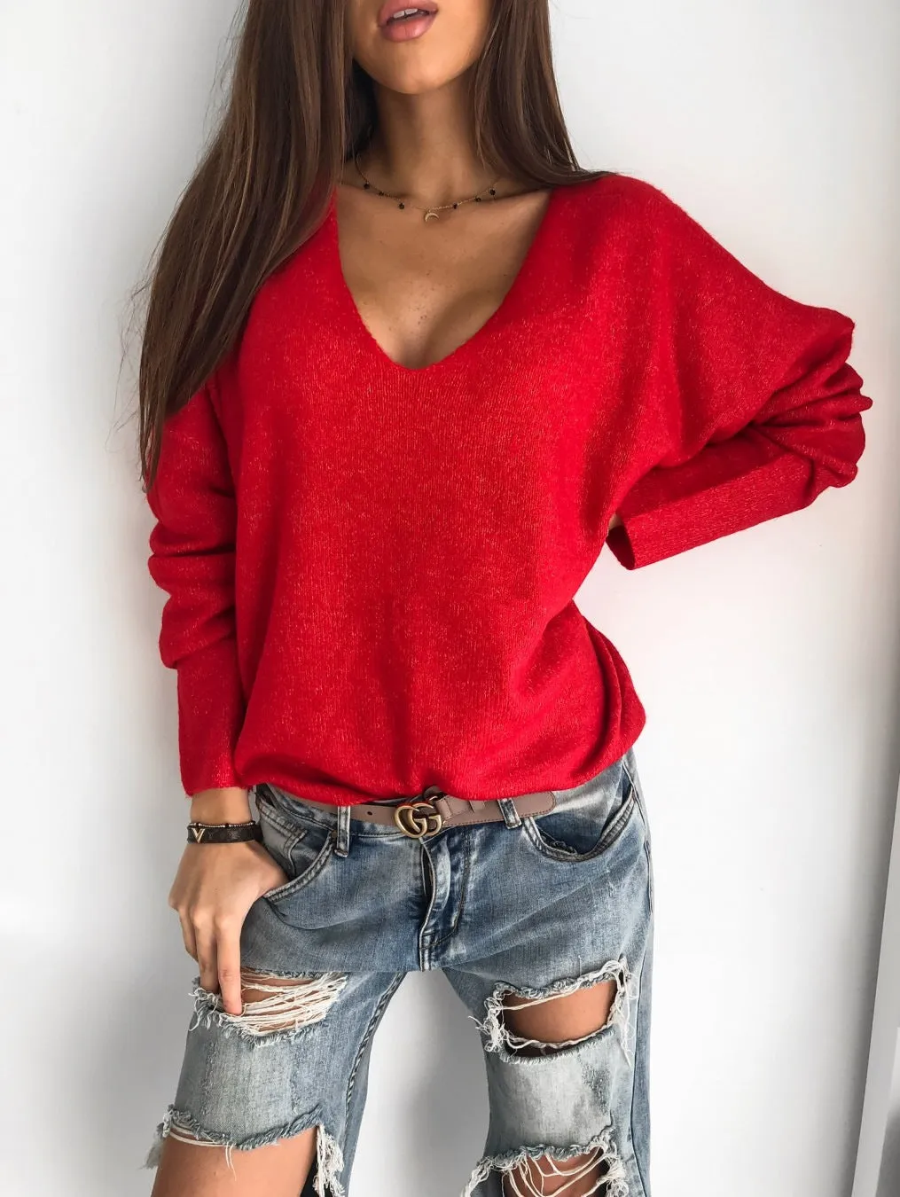 Europe Trendy Elegant Minimalist Candy Colors V-Neck Pullover