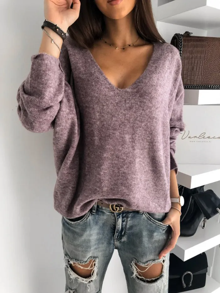 Europe Trendy Elegant Minimalist Candy Colors V-Neck Pullover