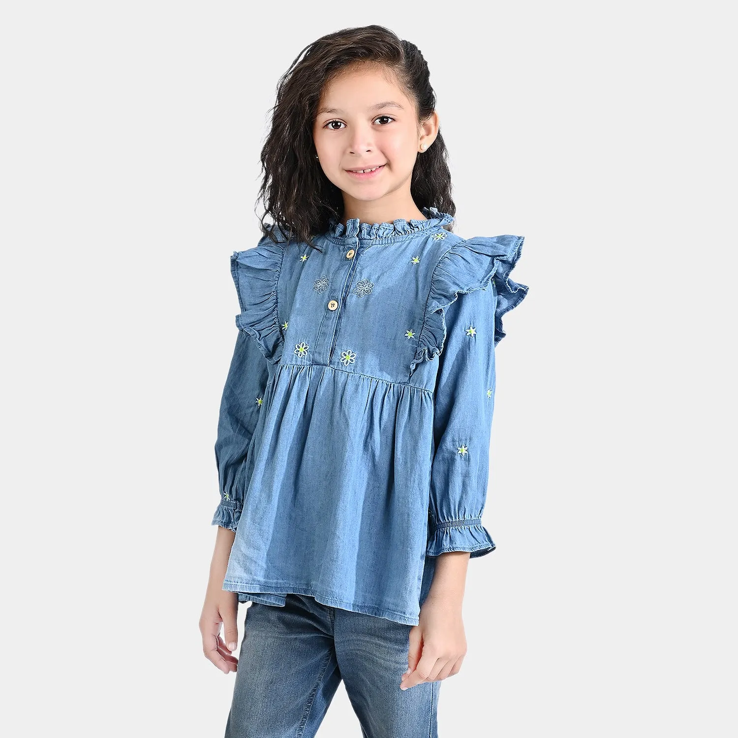 Girls Tensile (Light Denim) Emb Top Daisy Flowers-Blue