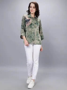 Green Silk Crepe Tie-Dye Digital Printed Shirt