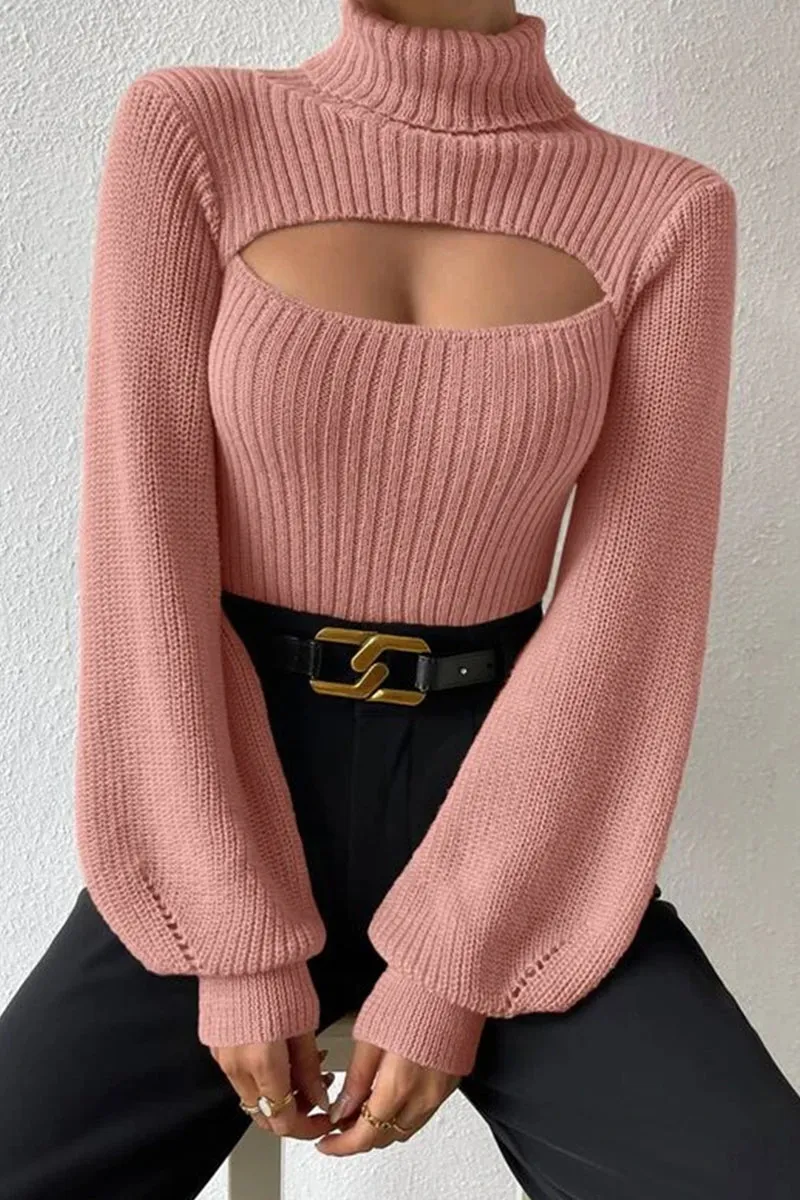 HWR1194 Cutout Mock Neck Sweater