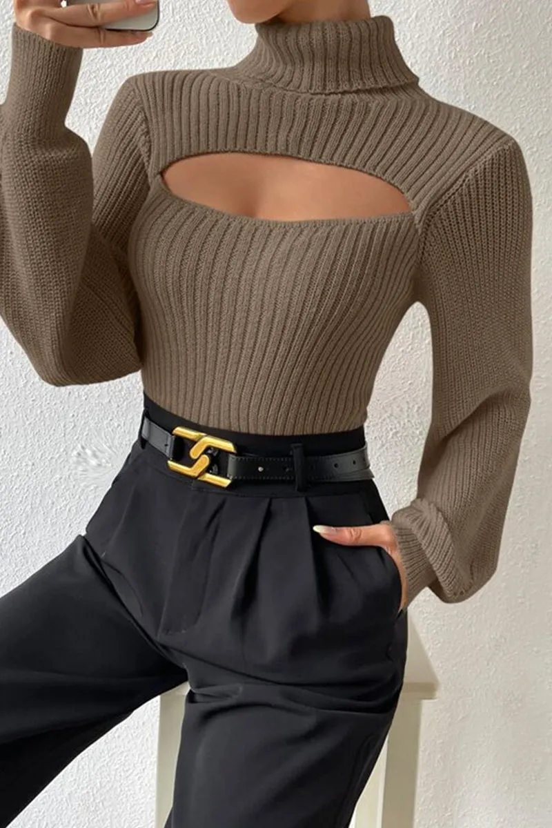 HWR1194 Cutout Mock Neck Sweater