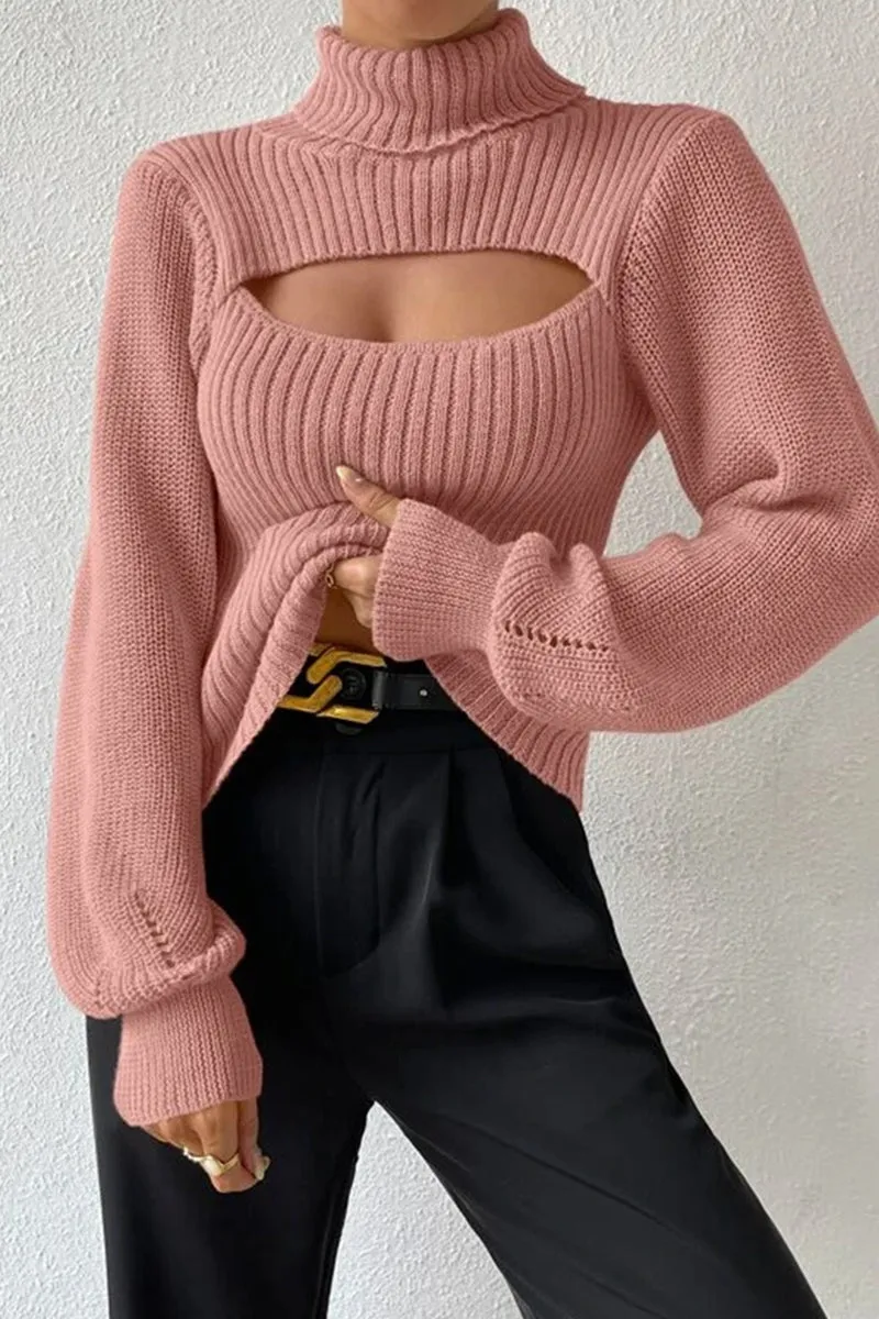 HWR1194 Cutout Mock Neck Sweater