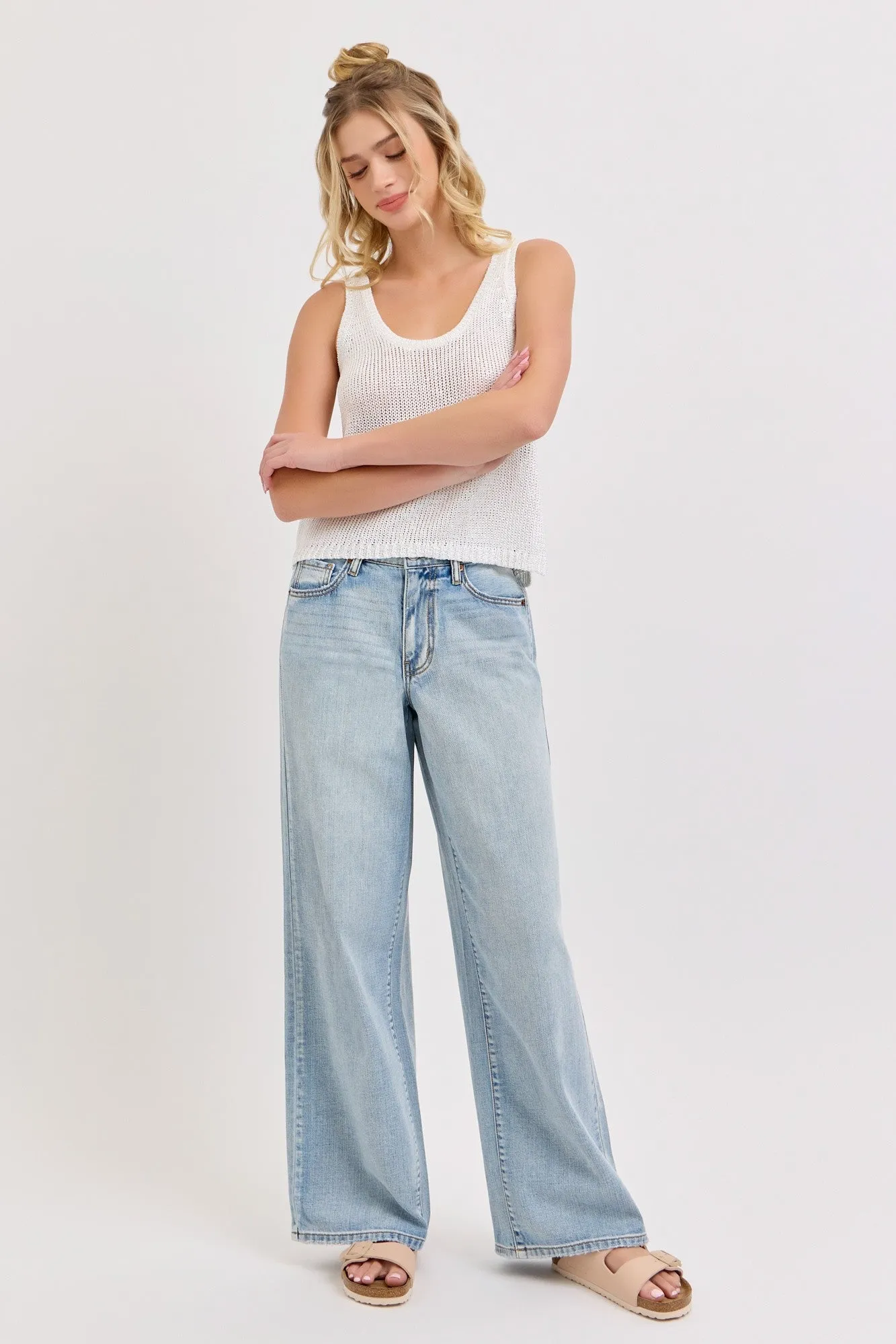 Lightweight Mid Rise Wide Leg Jeans