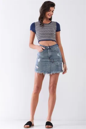 Medium Blue Denim High-Waist Distressed Effect Asymmetrical Trim Raw Hem Detail Mini Skirt