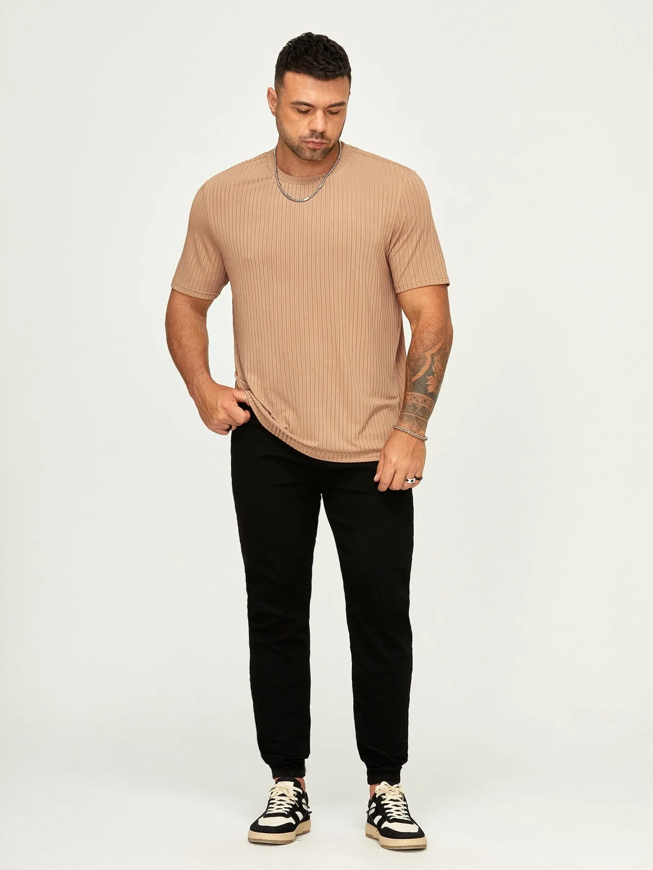 Men's Casual Slim Fit Rib-Knit Tee - Short Sleeve, Round Neck, Plain Pattern