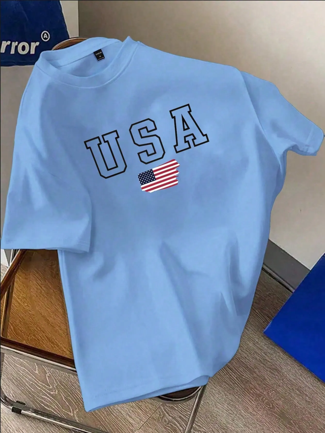 Men's Summer Casual T-Shirt, USA Flag Print, Short Sleeve, Round Neck, Polyester