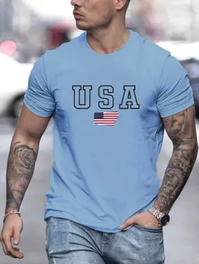 Men's Summer Casual T-Shirt, USA Flag Print, Short Sleeve, Round Neck, Polyester