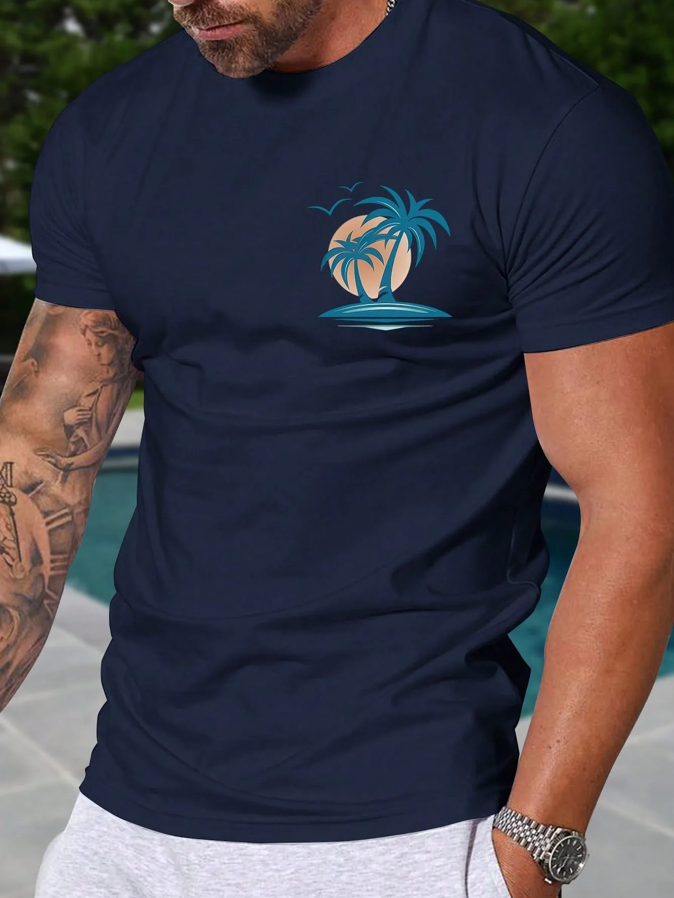 Men's Tropical Coconut Tree Slim Fit Summer T-Shirt, Short Sleeve, Casual